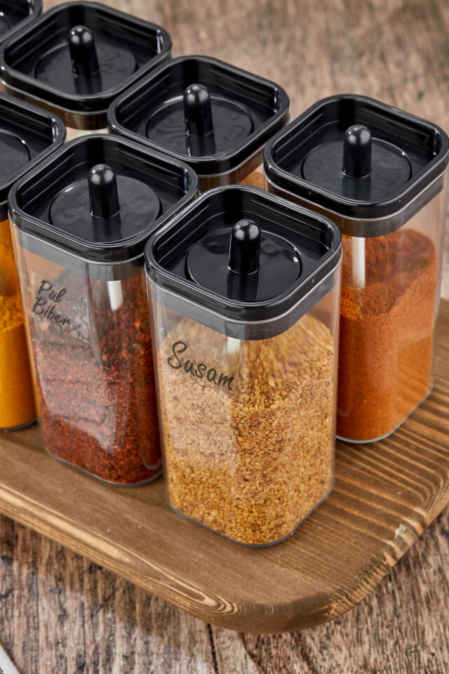 8li Kendinden Kaşıklı Baharatlık Ahşap Standlı 300ml Baharat Seti Şeffaf Baharat Etiketli Baharatlık