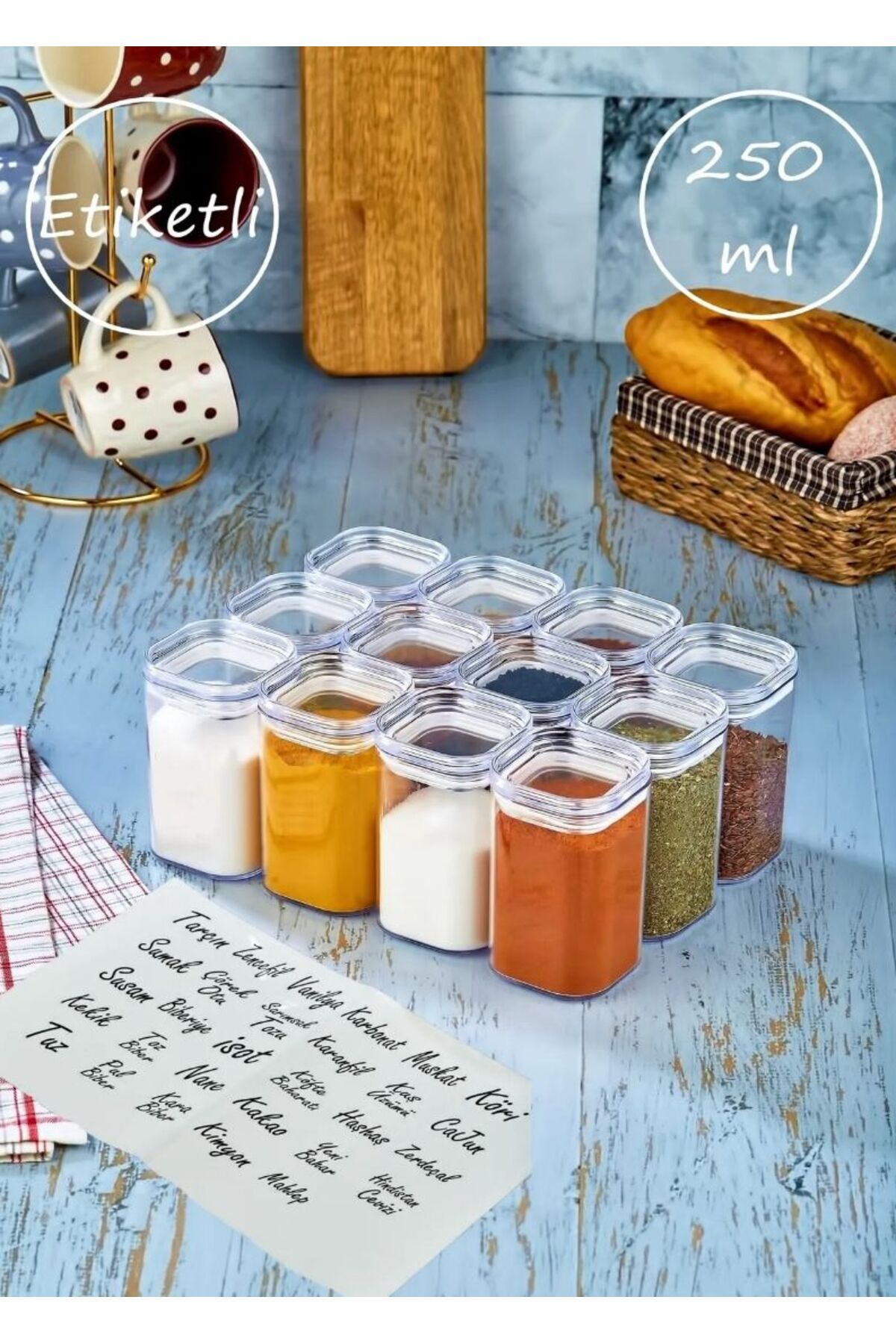 Etiketli 12'li 250 Ml Sızdırmaz Kapaklı Mika Baharatlık Seti