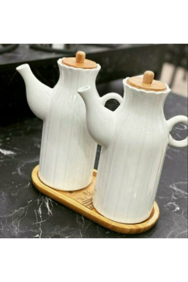 Trendevia 2 Adet 1 Lt Porselen Yağdanlık Ve Bambu Altlık Stand Yağlık Sirkelik
