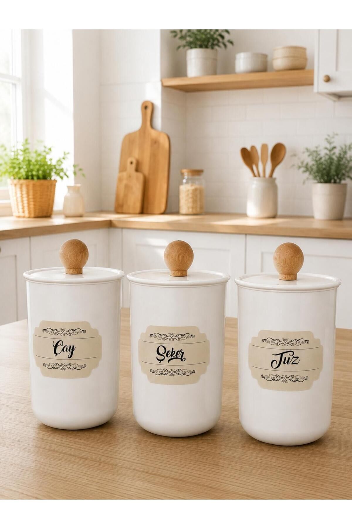 3'lü Vakum Kapaklı Ahşap Kulplu Akrilik (PLASTİK) Çay/Şeker/Tuz Kavanoz 900ml Açık Kahverengi