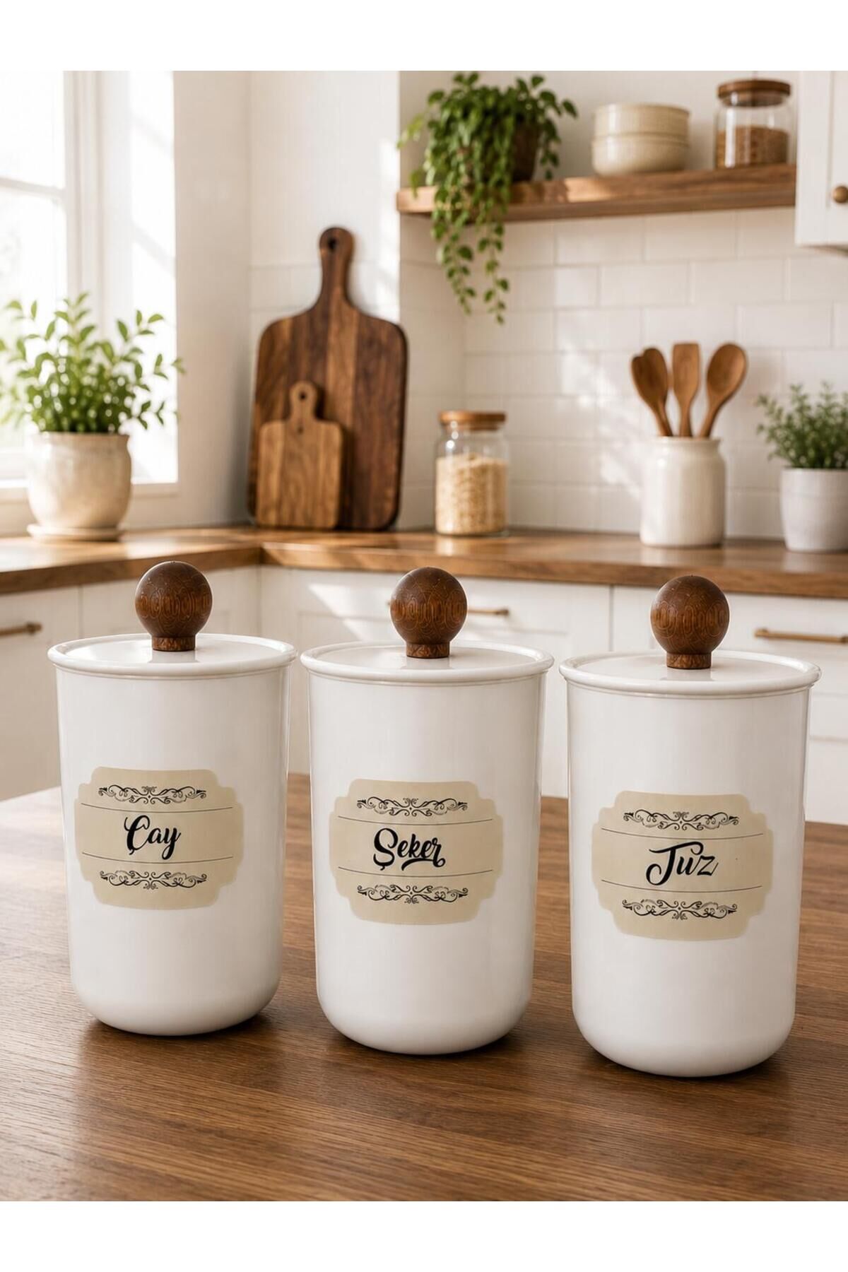 3'lü Vakum Kapaklı Ahşap Kulplu Akrilik (PLASTİK) Çay/Şeker/Tuz Kavanoz 900ml Koyu Kahverengi