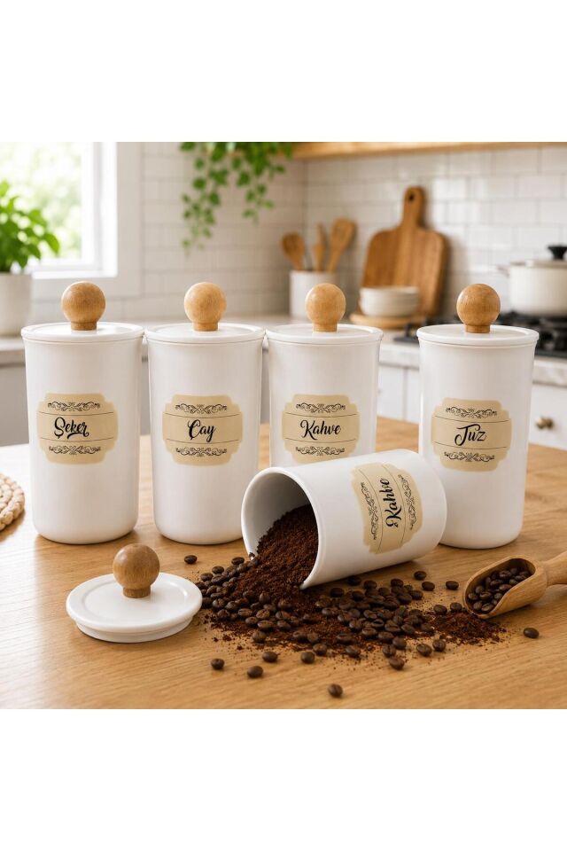 4'lü 900ml Akrilik (Plastik) Vakumlu Ahşap Kulplu Çay Şeker Kahve Tuz Kavanozu Beyaz Saklama Kabı Açik Kahverengi̇