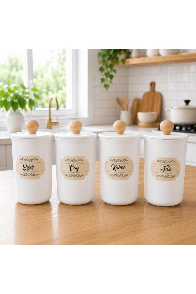 4'lü 900ml Akrilik (Plastik) Vakumlu Ahşap Kulplu Çay Şeker Kahve Tuz Kavanozu Beyaz Saklama Kabı Açik Kahverengi̇