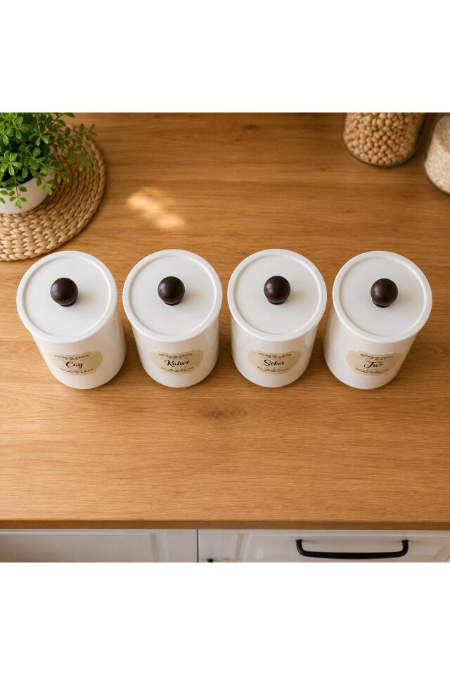 4'lü 900ml Akrilik (Plastik) Vakumlu Ahşap Kulplu Çay Şeker Kahve Tuz Kavanozu Beyaz Saklama Kabı Koyu Kahverengi̇
