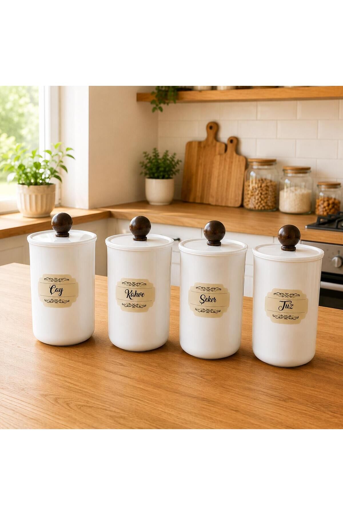 4'lü 900ml Akrilik (Plastik) Vakumlu Ahşap Kulplu Çay Şeker Kahve Tuz Kavanozu Beyaz Saklama Kabı Koyu Kahverengi̇
