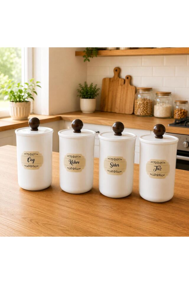4'lü 900ml Akrilik (Plastik) Vakumlu Ahşap Kulplu Çay Şeker Kahve Tuz Kavanozu Beyaz Saklama Kabı Koyu Kahverengi̇