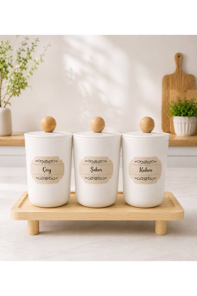 3'lü Ahşap Stantlı Akrilik (plastik) Saklama Kabı 900 ml Çay/Şeker/Kahve Kavanozu Açık Kahverengi