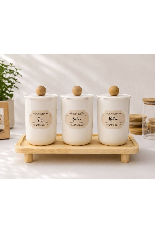 3'lü Ahşap Stantlı Akrilik (plastik) Saklama Kabı 900 ml Çay/Şeker/Kahve Kavanozu Açık Kahverengi