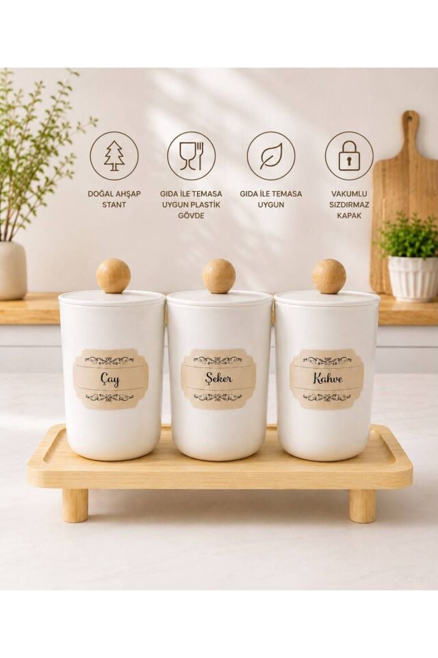 3'lü Ahşap Stantlı Akrilik (plastik) Saklama Kabı 900 ml Çay/Şeker/Kahve Kavanozu Açık Kahverengi