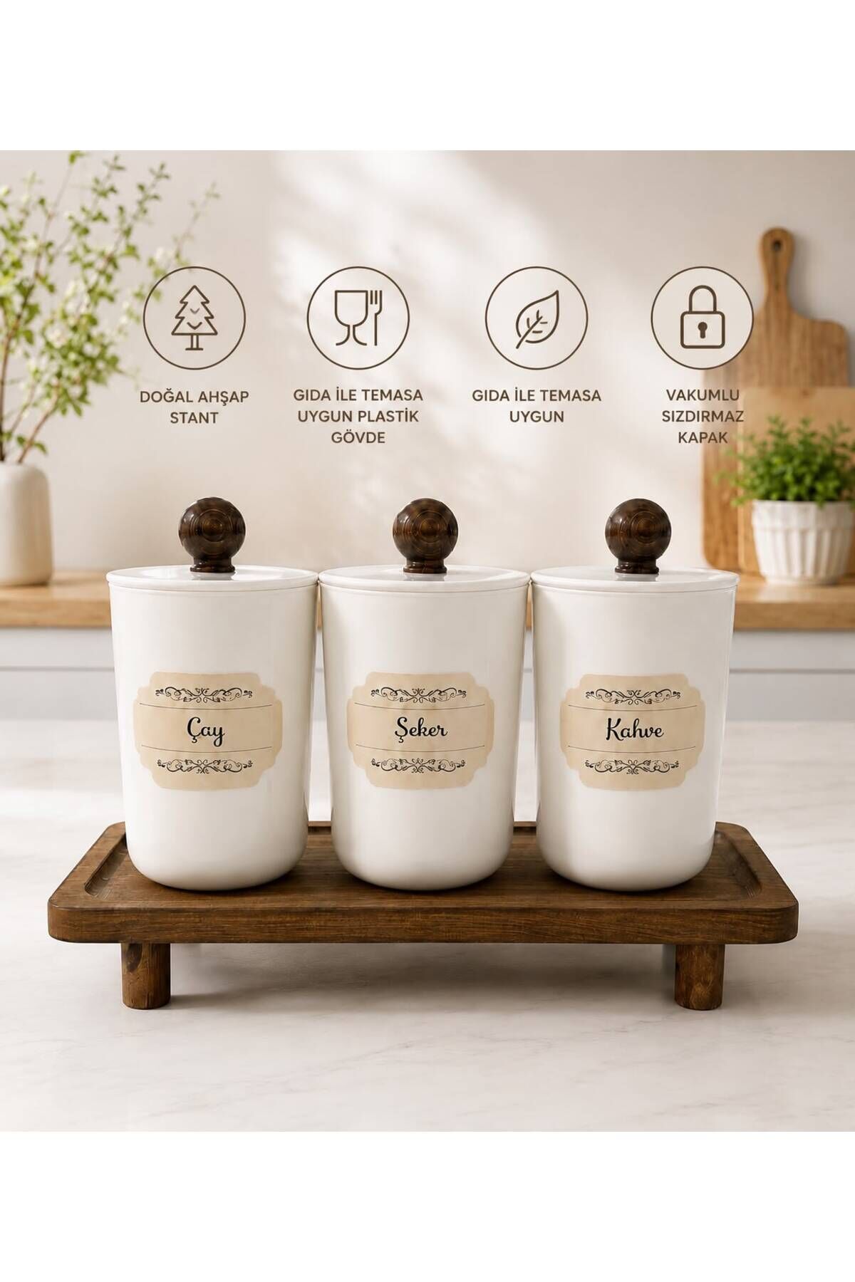 3'lü Ahşap Stantlı Akrilik (plastik) Saklama Kabı 900 ml Çay/Şeker/Kahve Kavanozu Koyu Kahverengi