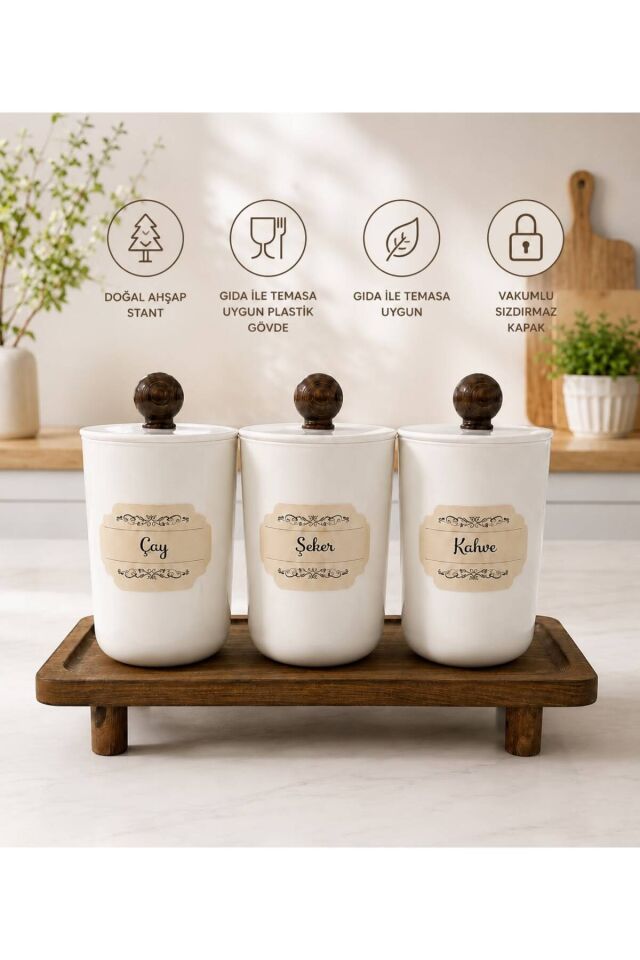 3'lü Ahşap Stantlı Akrilik (plastik) Saklama Kabı 900 ml Çay/Şeker/Kahve Kavanozu Koyu Kahverengi