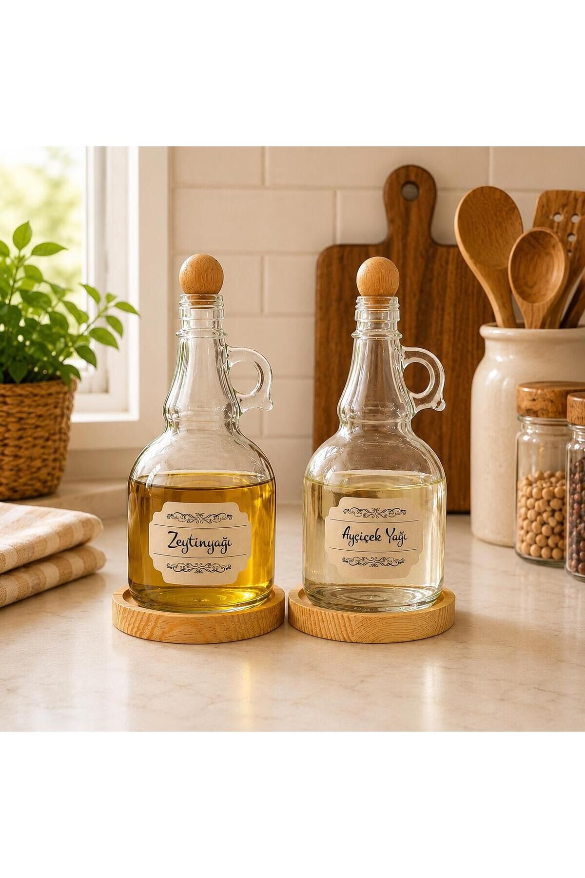 2'li 1000ml Ahşap Stantlı Ahşap Kapaklı Cam Yağlık Seti Ayçiçek/Zeytin Yağı Etiketli Açik