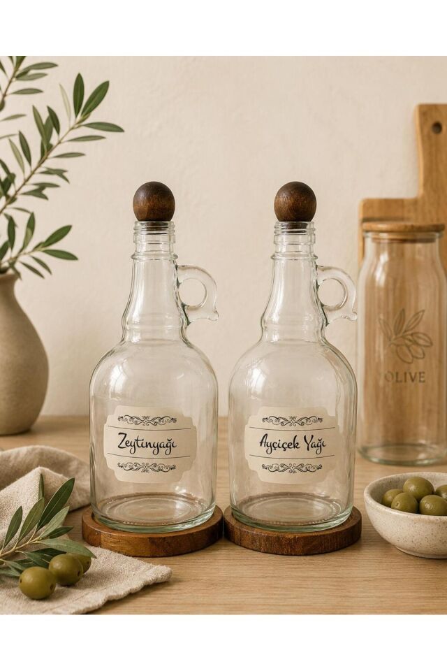 2'li 1000ml Ahşap Stantlı Ahşap Kapaklı Cam Yağlık Seti Ayçiçek/Zeytin Yağı Etiketli Koyu