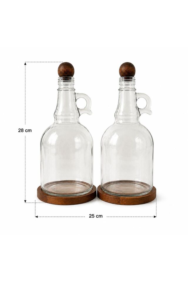 2'li 1000ml Ahşap Stantlı Ahşap Kapaklı Cam Yağlık Seti Ayçiçek/Zeytin Yağı Etiketli Koyu