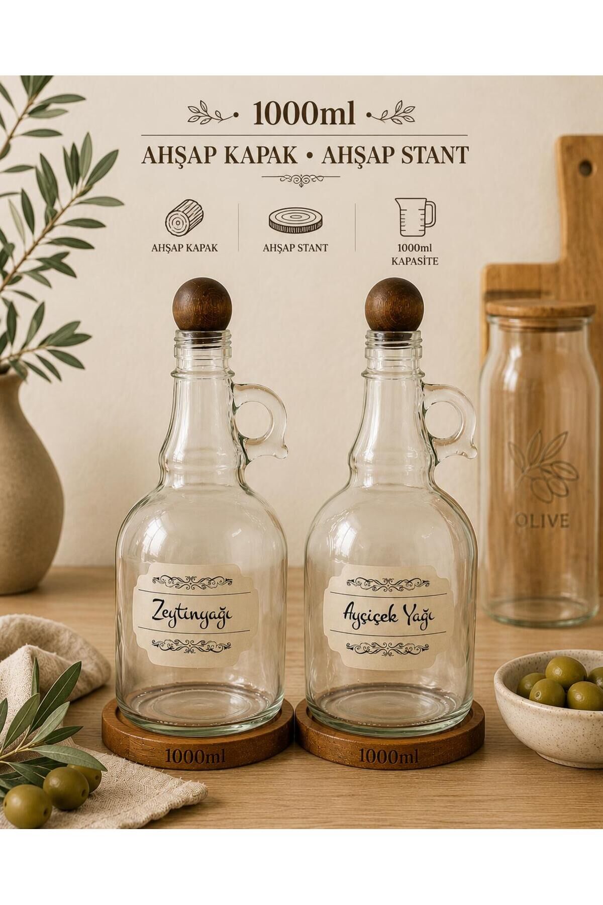 2'li 1000ml Ahşap Stantlı Ahşap Kapaklı Cam Yağlık Seti Ayçiçek/Zeytin Yağı Etiketli Koyu