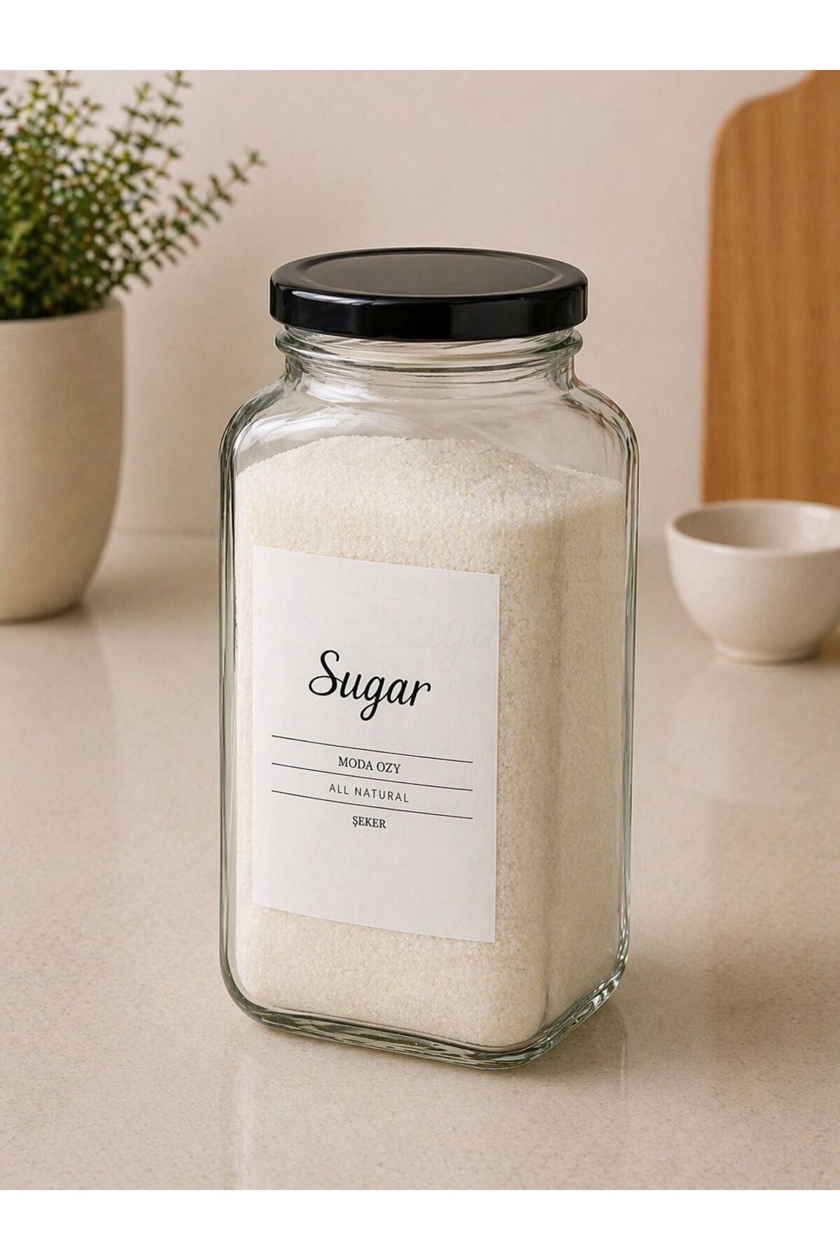 1 Adet 3000 Ml Şeker Kavanozu Etiketli Cam Saklama Kabı Çevirmeli Kapaklı Siyah