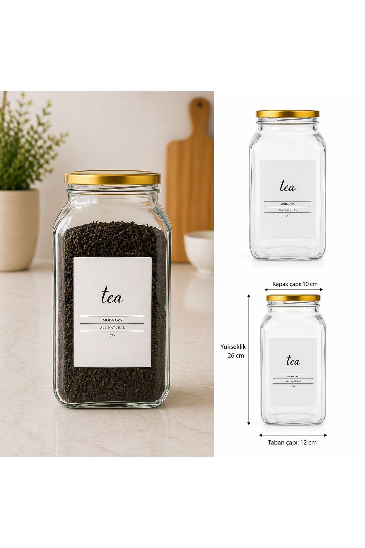 1 Adet 3000 Ml Çay Kavanozu Etiketli Cam Saklama Kabı Çevirmeli Kapaklı Gold