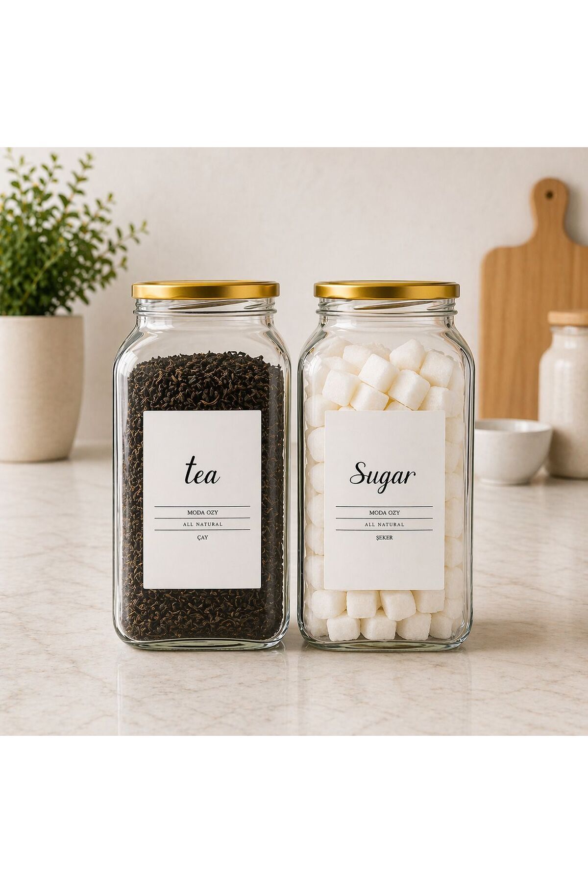 2'li 3000 Ml Çay & Şeker Kavanozu Etiketli Cam Saklama Kabı Altın