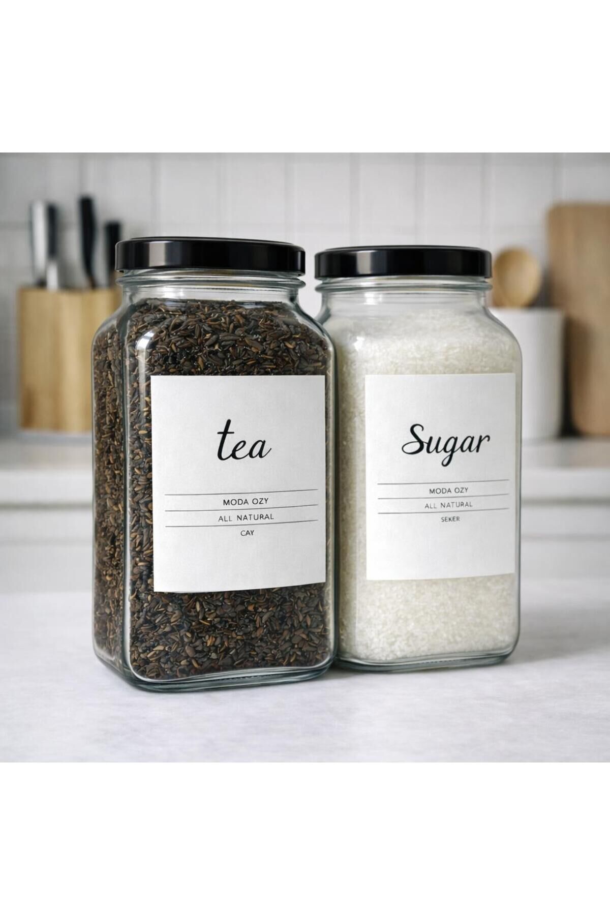 2'li 3000 Ml Çay & Şeker Kavanozu Etiketli Cam Saklama Kabı Siyah