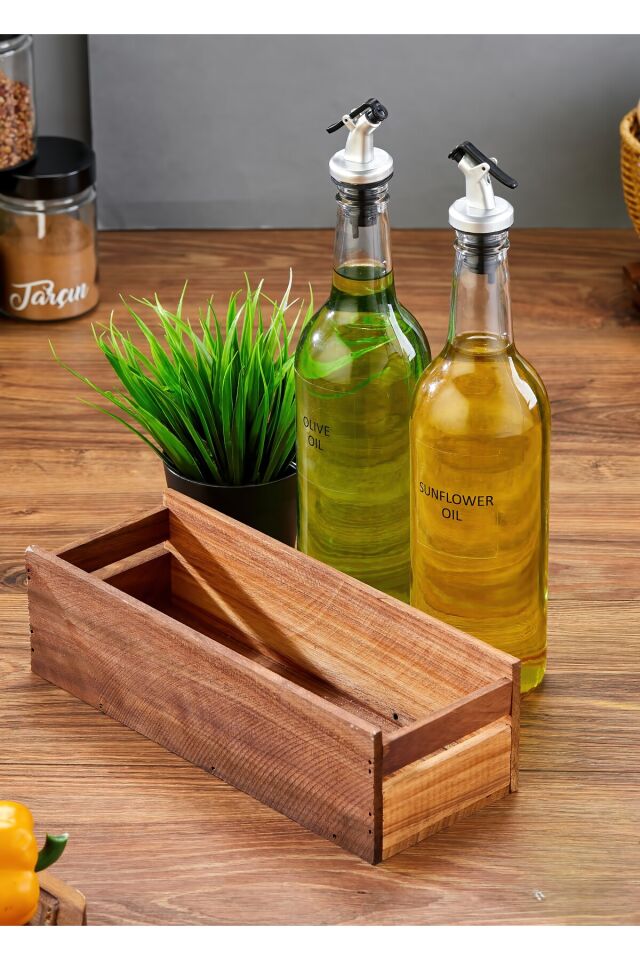 Ahşap Stantlı 2'li 750 ml Amber Zeytinyağı Sıvıyağ Şişesi Yağdanlık Seti(Sazlık Çiçek Hediyeli) Amber