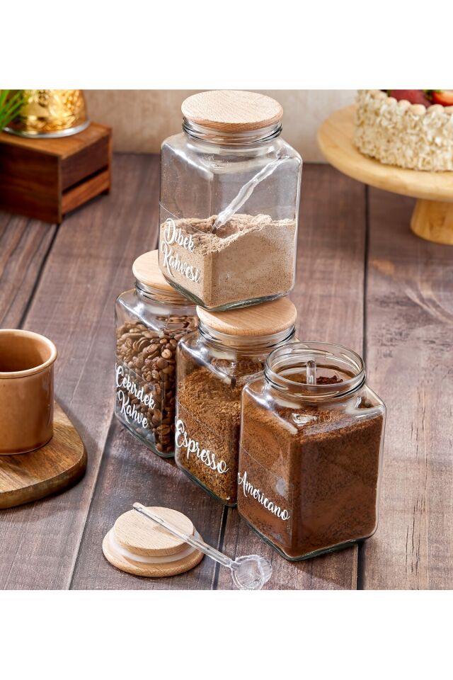 4'lü 1000ml Cam Kahve Kavanoz Seti-4 Adet Origami Kaşık-21 Adet Şeffaf İçecek Etiket Tabakası Hediye Ahşap