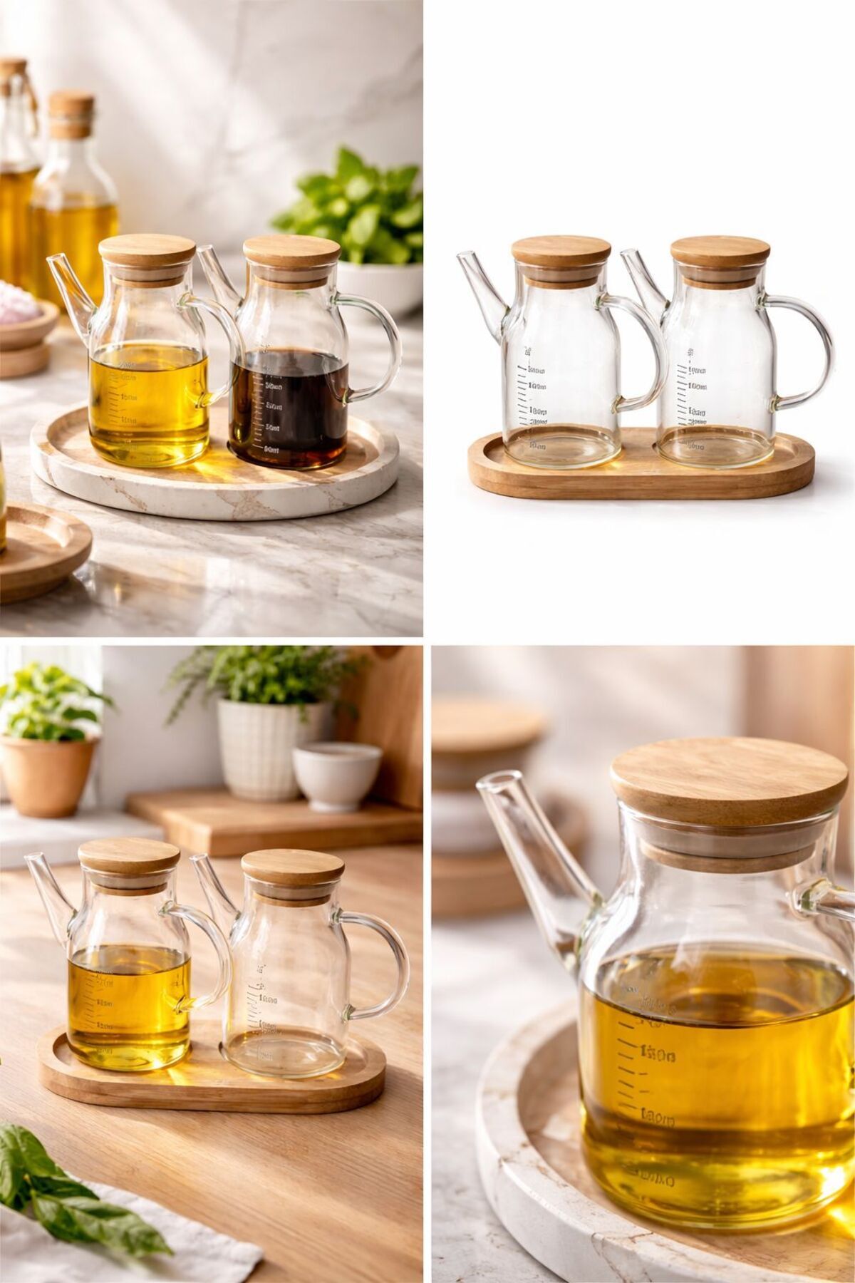 2'li 200ml Mini Yağdanlık ve Sosluk Seti, Bambu Stantlı ve Vakumlu Bambu Kapaklı Masa Üstü Set Şeffaf