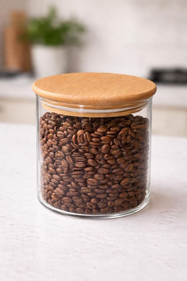 650 ml Ahşap Kapaklı Vakumlu Kahve Kavanozu Borosilikat Cam Kahve Çay Şeker Saklama Kabı Şeffaf