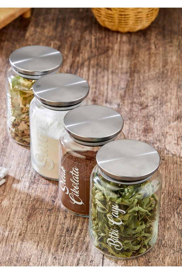 4'lü 800ml Paslanmaz Metal Kapaklı Kahve&İçecek&Bitki Çayı Etiketli Cam Kavanoz(21'li Etiket Hediye) Gümüş