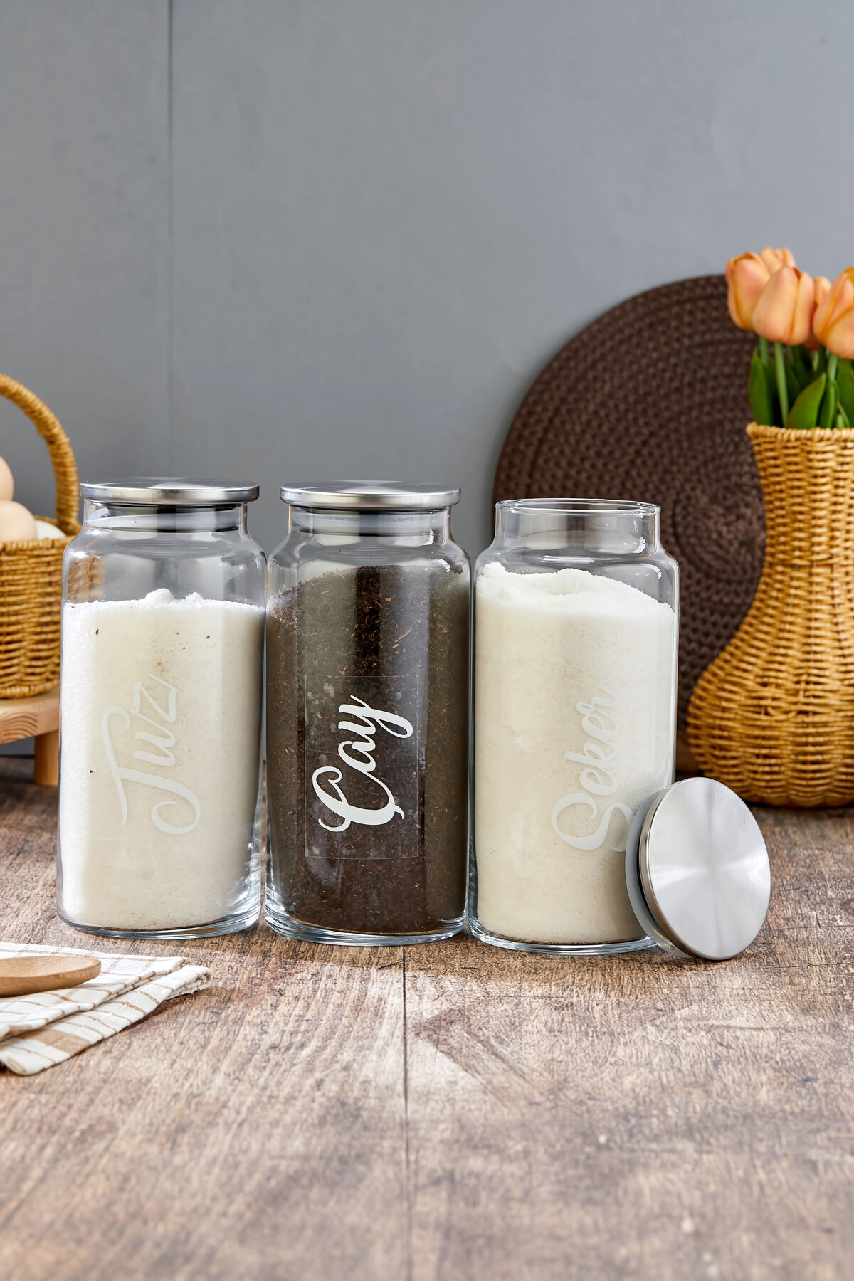 3'lü Metal Kapaklı Vakumlu Çay&Şeker&Tuz&Bakliyat Kavanozu 1300ml Saklama Kabı(etiket dahil) Gümüş