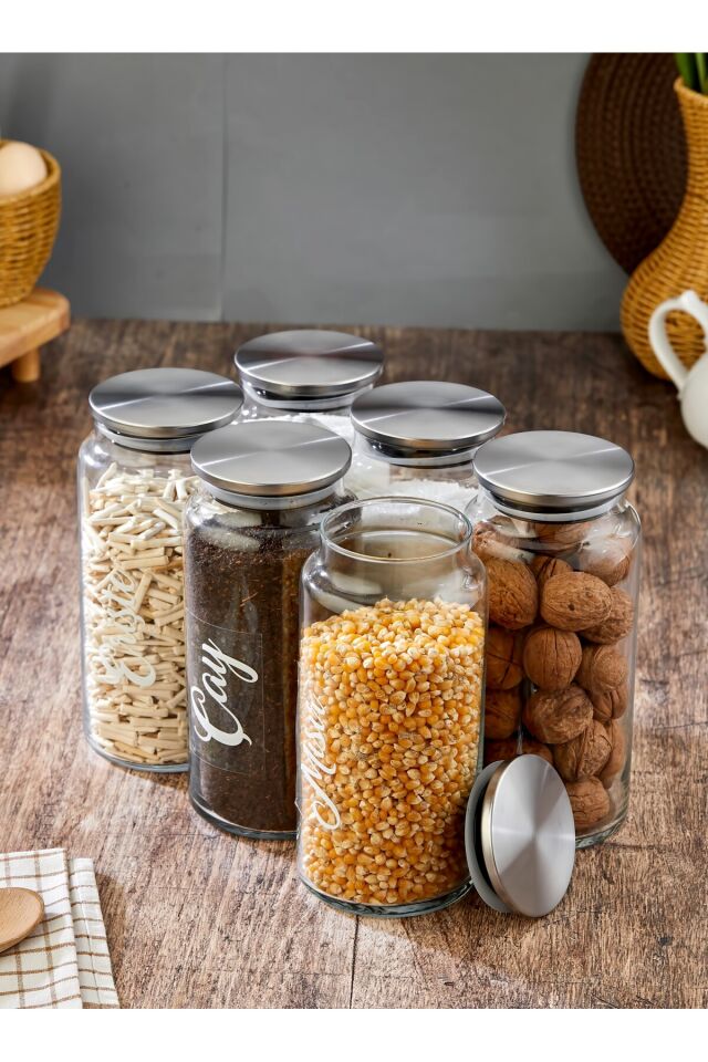 6lı Cam Kavanoz Seti Metal Kapaklı Vakumlu Bakliyat Kavanozu 1300 ml (etiket dahildir) Gümüş