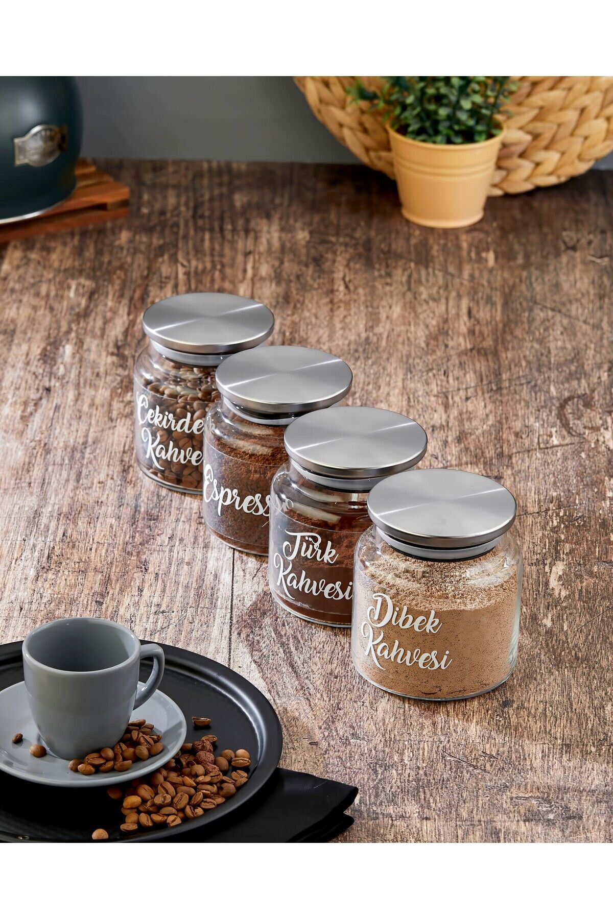 4lü 500ml Metal Kapaklı Kahve/Çay/İçecek Tozu Saklama Kavanozu (21 Adet Şeffaf Etiketli ) Gümüş
