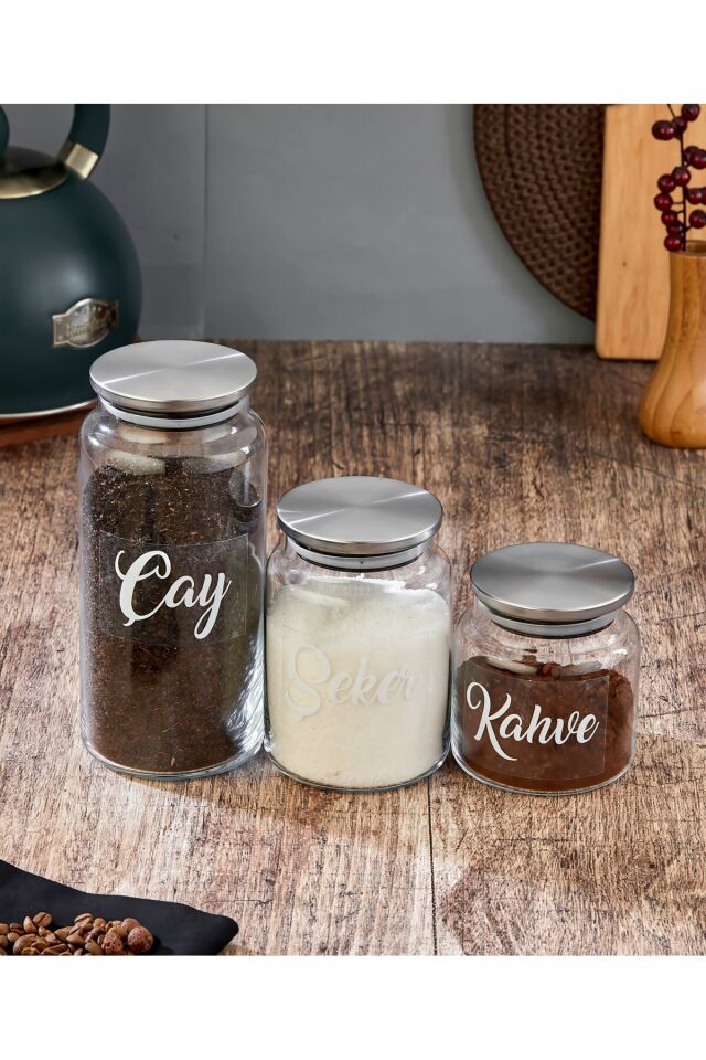 3'lü 1300/800/500 ml Metal Kapaklı Çay&Şeker&Kahve Kavanozu Vakumlu Saklama Kabı Gümüş