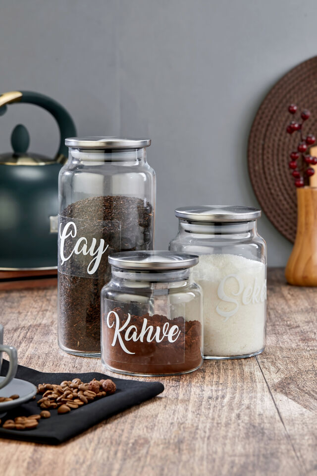 3'lü 1300/800/500 ml Metal Kapaklı Çay&Şeker&Kahve Kavanozu Vakumlu Saklama Kabı Gümüş