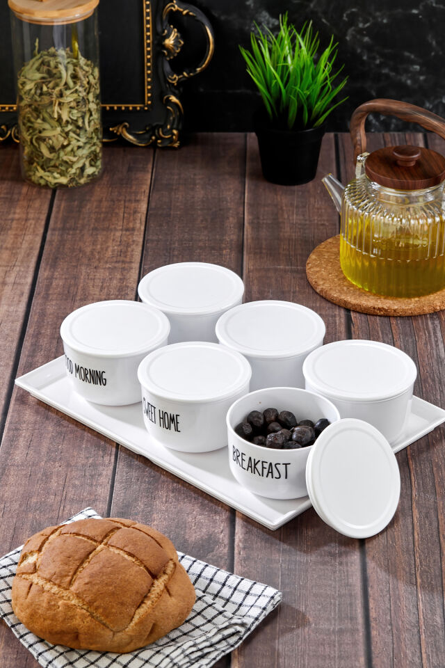 7Li 400ml Kahvaltı Seti Akrilik(Plastik) Saklama Kabı Melamin Sunum Tepsili Şeffaf Etiketli Beyaz
