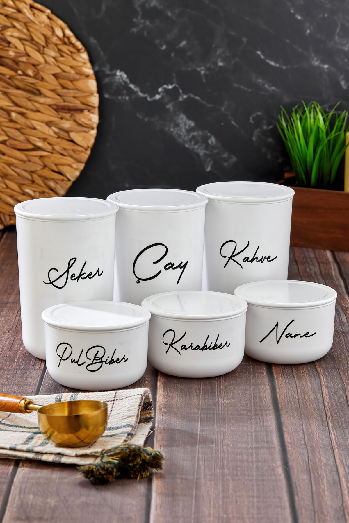 6'lı Vakum Kapaklı Akrilik (PLASTİK) Kavanoz Seti 900ml/400ml Şeffaf Etiketli Saklama Kabı Beyaz