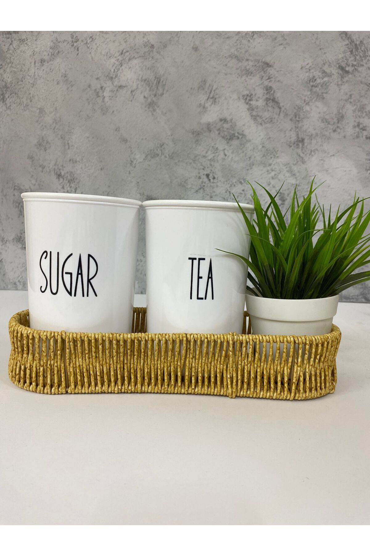 Rattan Sepetli 2'Li Akrilik (PLASTİK) Çay/Şeker Saklama Kabı Çiçek Hediyeli 4'Lü Set Beyaz