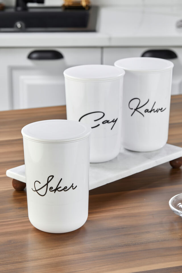 3'lü 900ml Akrilik Kapaklı Akrilik (PLASTİK) Saklama Kabı Mermer Stantlı Kavanoz Seti 4lü Set Beyaz