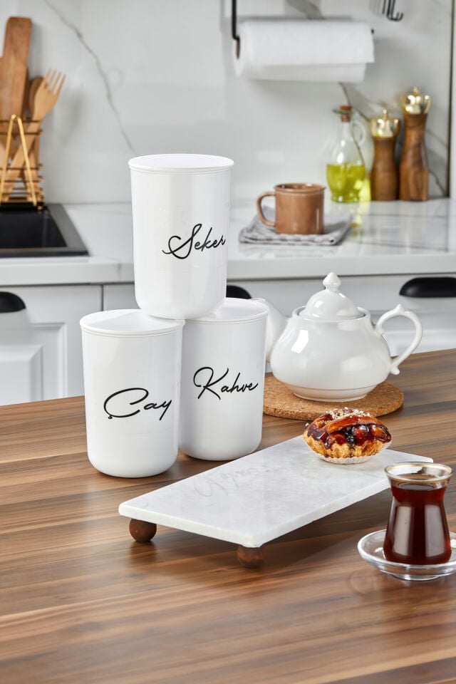 3'lü 900ml Akrilik Kapaklı Akrilik (PLASTİK) Saklama Kabı Mermer Stantlı Kavanoz Seti 4lü Set Beyaz