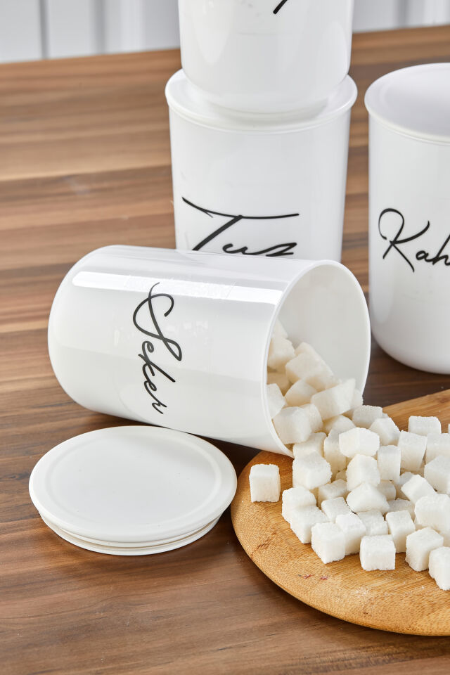 4'lü Akrilik Vakum Kapaklı Transfer Etiketli Akrilik (PLASTİK)Çay/Şeker/Tuz/Kahve Kavanoz 900ml Beyaz