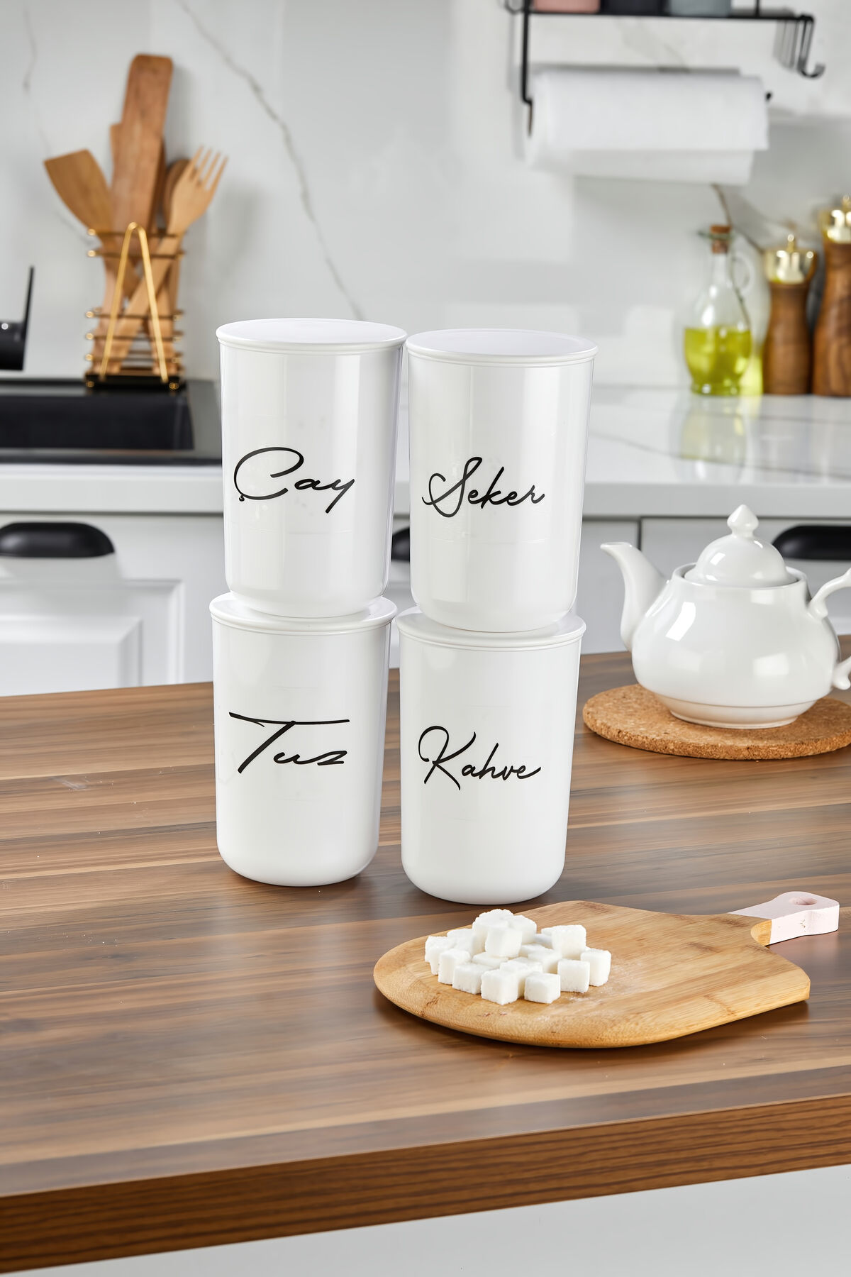 4'lü Akrilik Vakum Kapaklı Transfer Etiketli Akrilik (PLASTİK)Çay/Şeker/Tuz/Kahve Kavanoz 900ml Beyaz