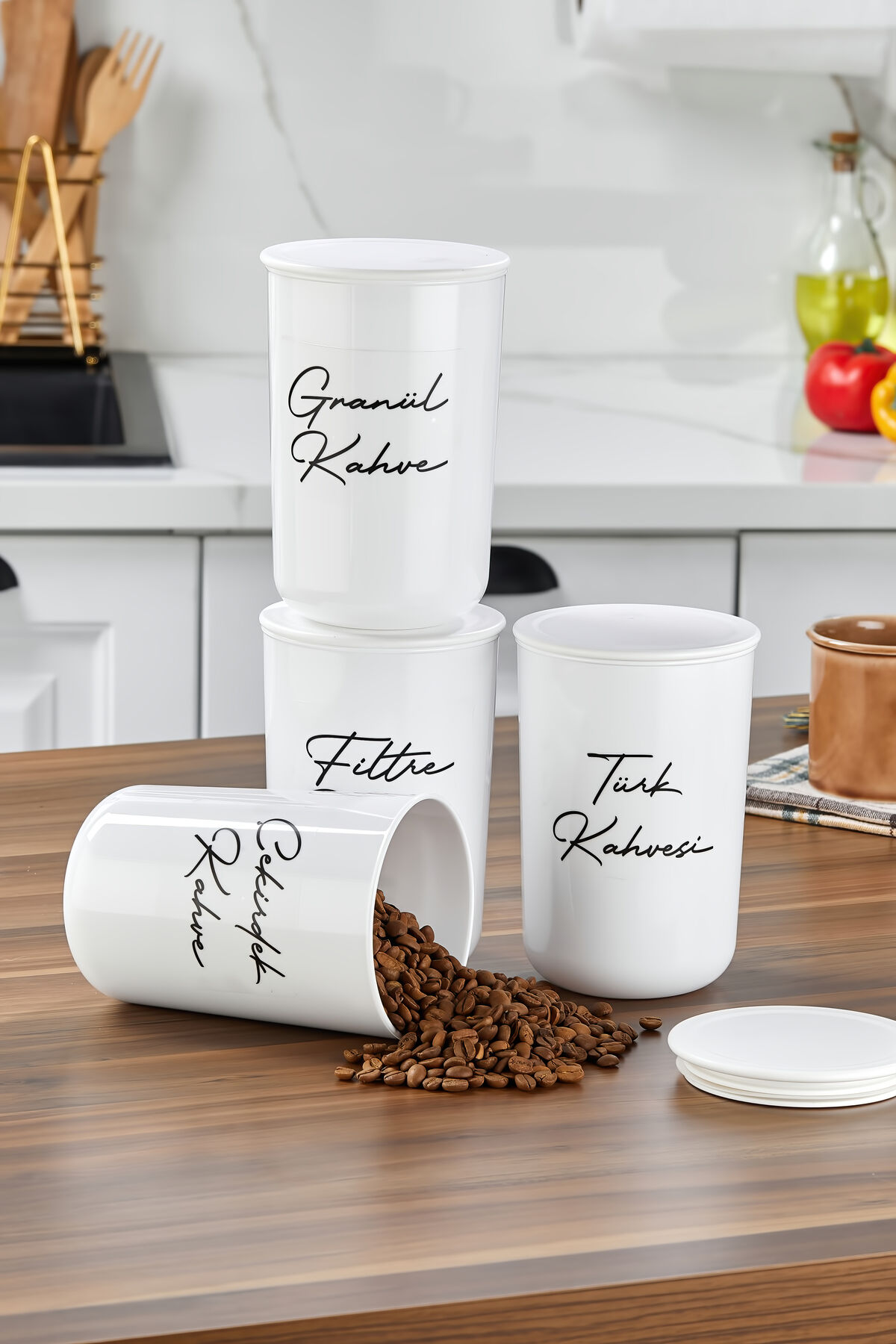 4lü Plastik Kapaklı Şeffaf Etiketli Türk Kahve/Filtre/Çekirdek/Granül Akrilik(PLASTİK)Kavanoz 900ml Beyaz