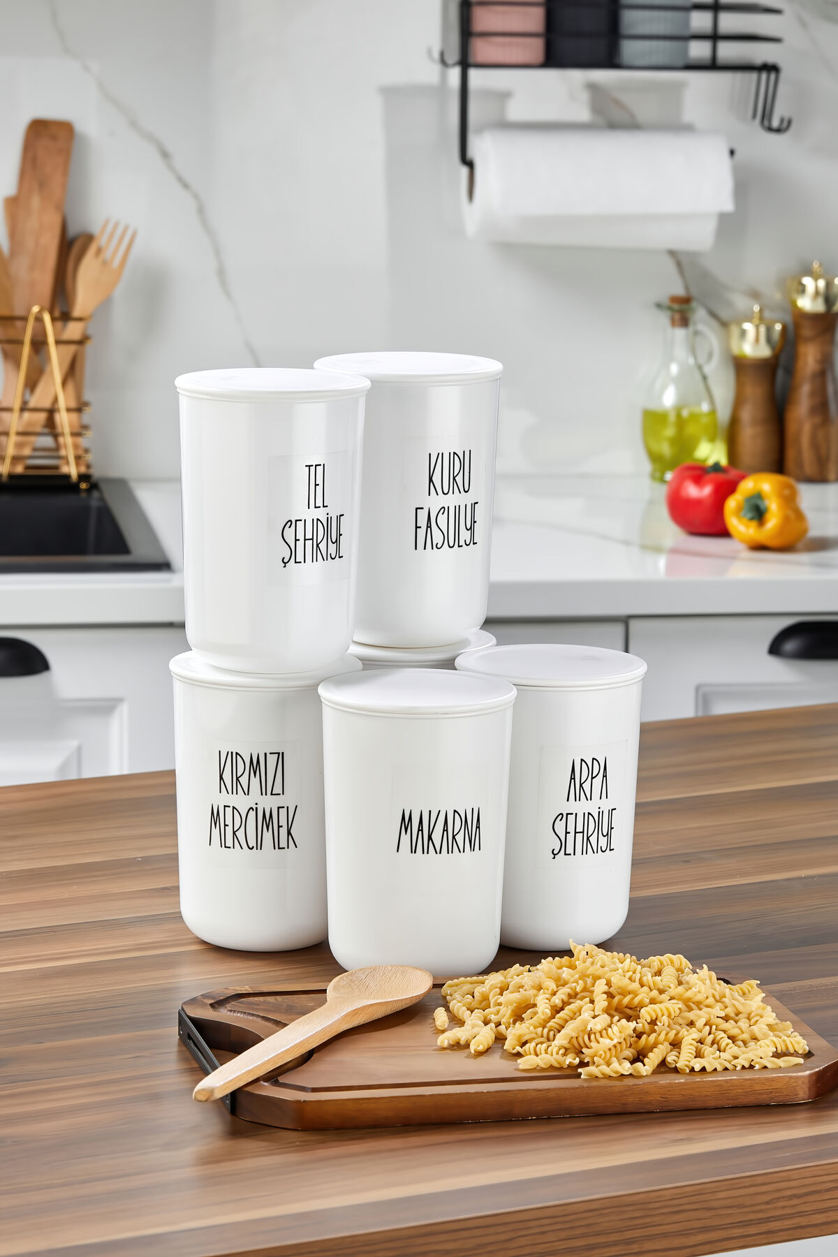 6'lı 900ml Akrilik (PLASTİK) Kavanoz Plastik Vakum Kapaklı Şeffaf Bakliyat Etiketli Saklama Kabı Beyaz