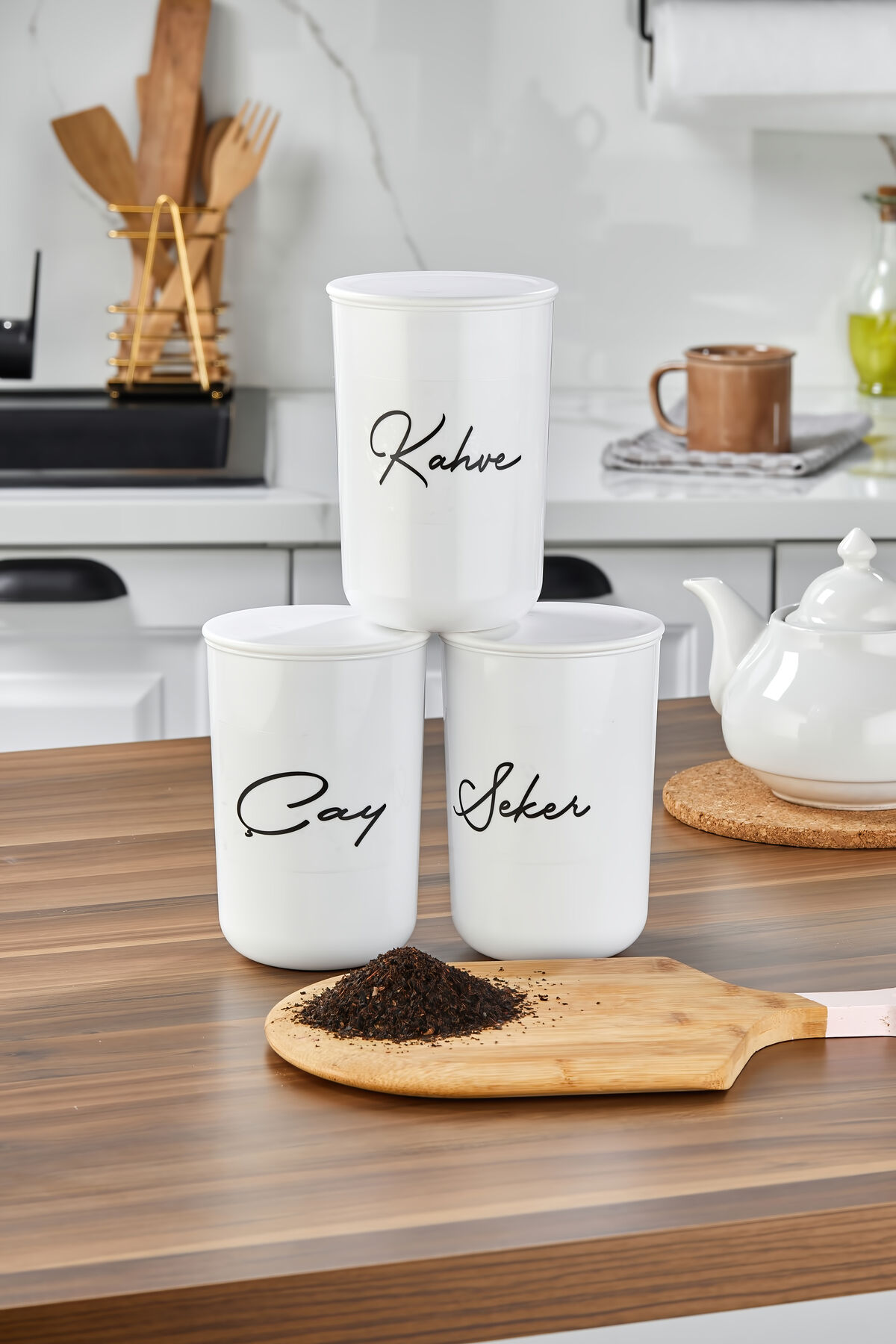 3'lü Plastik Vakum Kapaklı Transfer Etiketli Akrilik (PLASTİK) Çay/Şeker/Kahve Kavanoz 900ml Beyaz