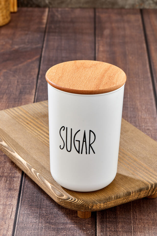 1 Adet 900ml PLASTİK Kavanoz Ahşap Vakum Kapaklı Transfer Etiketli Saklama Kabı Sugar