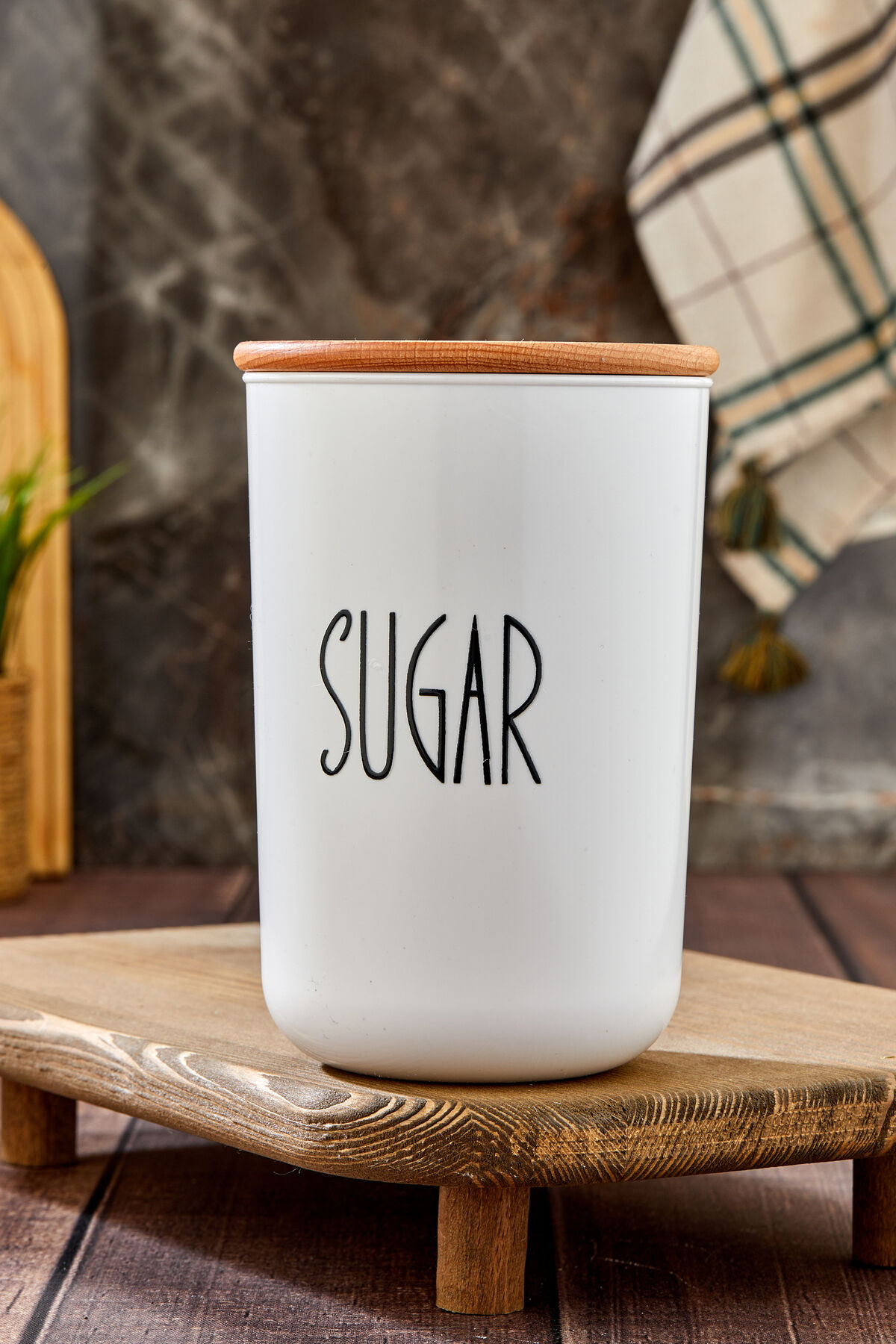 1 Adet 900ml PLASTİK Kavanoz Ahşap Vakum Kapaklı Transfer Etiketli Saklama Kabı Sugar