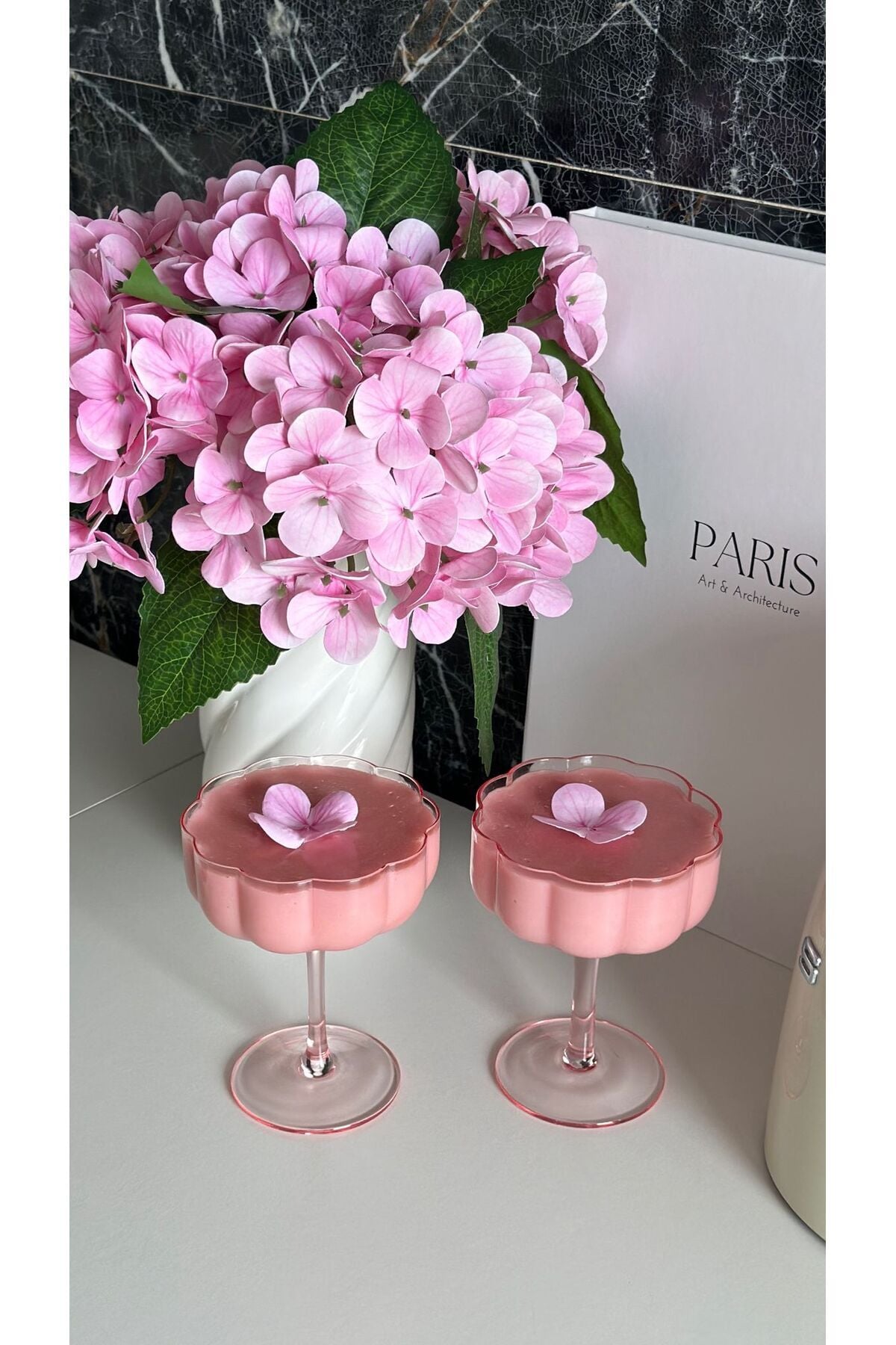 2 Adet Çiçek Şekilli Kahve Sunum ve Kokteyl Bardağı 2'li Magnolia Bardağı ve Tatlı Kasesi Pembe
