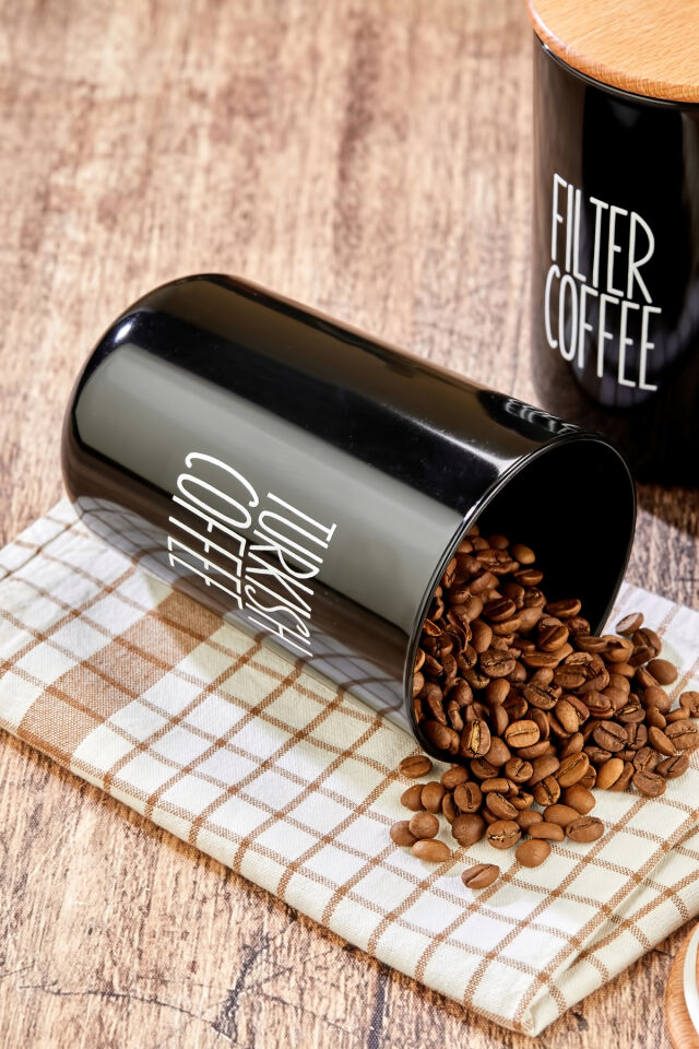 3'lü Ahşap Vakum Kapaklı Transfer Etiketli Turkıshcoffe/Filtercoffe/Nescoffe Plastik Kavanoz 900ml Siyah