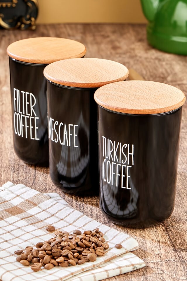 3'lü Ahşap Vakum Kapaklı Transfer Etiketli Turkıshcoffe/Filtercoffe/Nescoffe Plastik Kavanoz 900ml Siyah