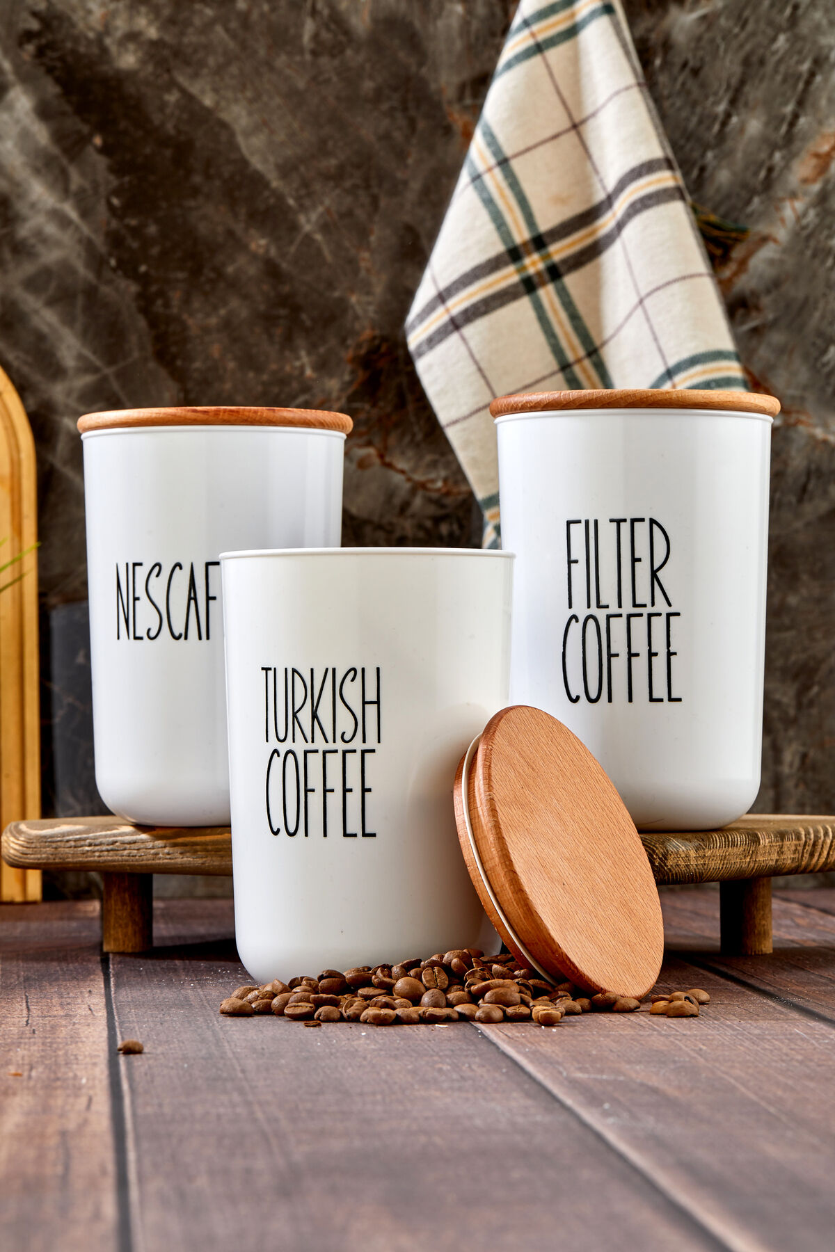 3'lü Ahşap Vakum Kapaklı Transfer Etiketli Turkıshcoffe/Filtercoffe/Nescoffe Plastik Kavanoz 900ml Beyaz