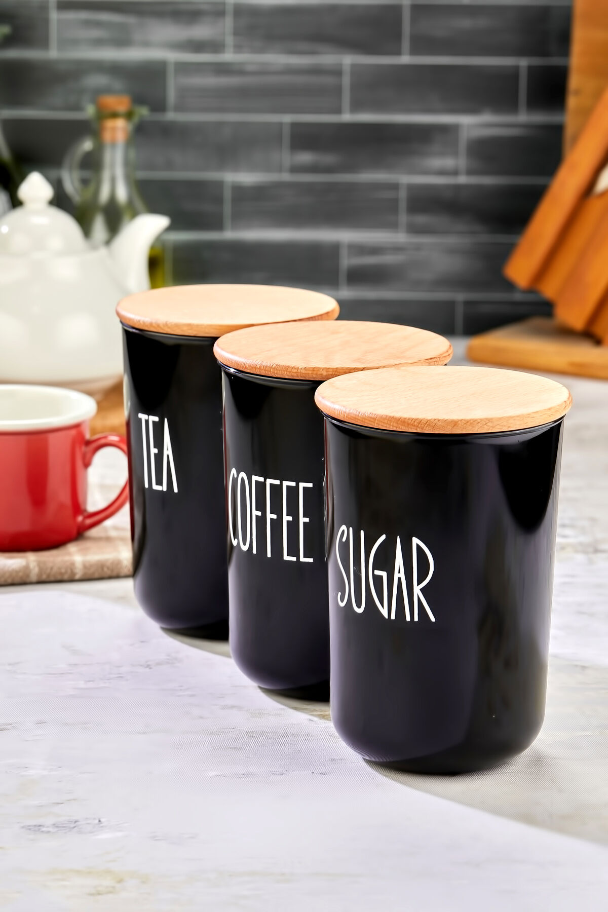 3'lü Ahşap Vakum Kapaklı Transfer Etiketli Akrilik (PLASTİK) Tea/sugar/coffe Kavanoz 900ml Siyah